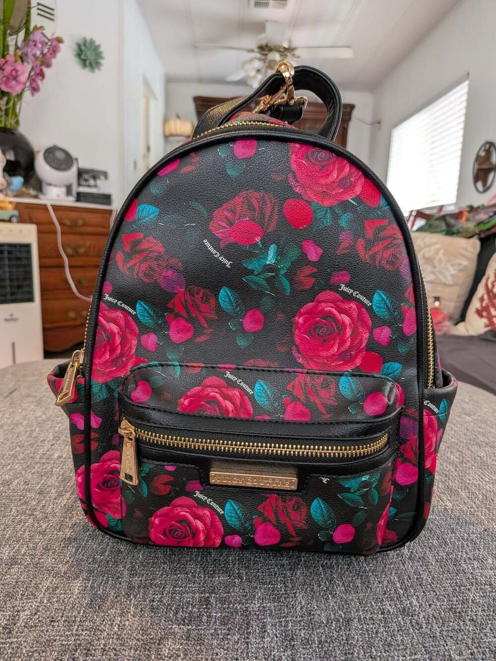 Juicy Couture Black Rose Floral Print Mini Backpack